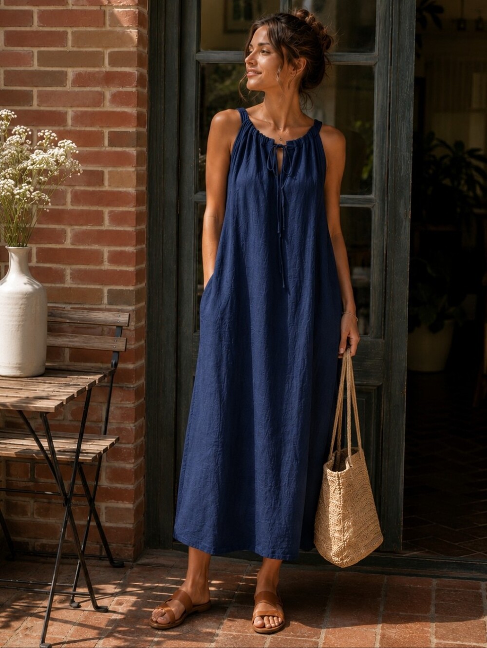 Amazhiyu 100% Linen Halter Maxi Midi Dress Navy Blue Size Small NWT Cottagecore